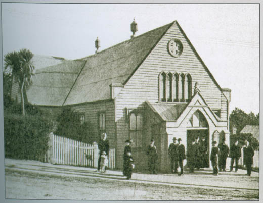 The first Anderson’s Bay Church. This photograph has been taken following later additions that were added in 1881.