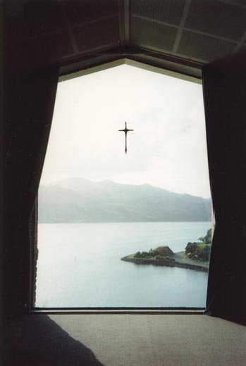 The view over Otago Harbour from the Broad Bay Chapel.