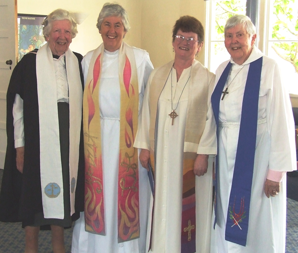 The four women who have been moderator of the Presbyterian Church of Aotearoa New Zealand.(Left to right) Mrs Joan Anderson (1979); Very Rev. Marg Schrader (1995); Very Rev. Pamela Tankersley (2006); Very Rev. Margaret Reid Martin (1987).